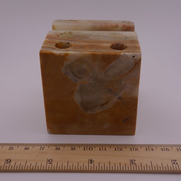 Vintage Onyx Marble Granite Stone Pen Pencil Letter Holder Desk Paperweight - Picture 8 of 13